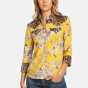 R13 Exaggerated Collar Cowboy Shirt in Mustard , Floral, And Leopard Size XS